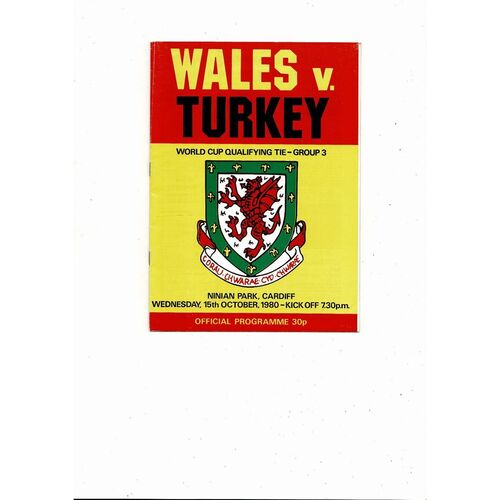 1980 Wales v Turkey Football Programme @ Cardiff