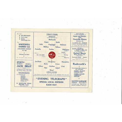 1958/59 Burnley v Leeds United Football Programme