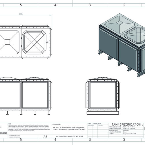 PW.2X1X1.TIF.AG - 2843 LITRE SECTIONAL WATER TANK, TOTALLY INTERNALLY FLANGED (TIF)
