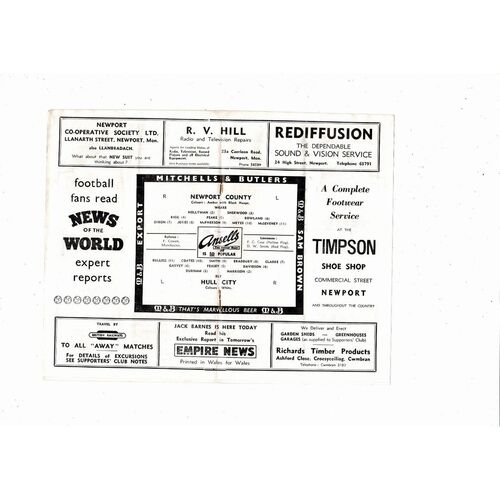 1958/59 Newport County v Hull City Football Programme