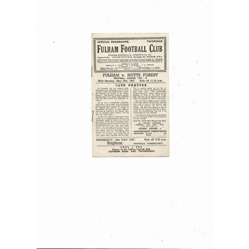 1946/47 Fulham v Nottingham Forest Football Programme
