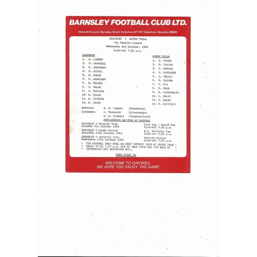 Barnsley v Aston Villa Central League Football Programme 1984/85