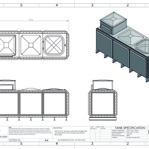 PW.3X1X1.TIF.AB - 4165 LITRE SECTIONAL WATER TANK, TOTALLY INTERNALLY FLANGED (TIF) C/W FVH