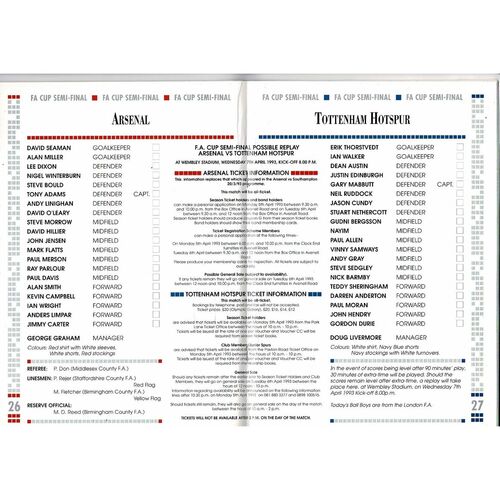 1993 Arsenal v Tottenham Hotspur FA Cup Semi Final Football Programme