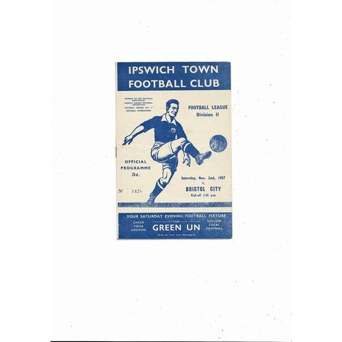 1957/58 Ipswich Town v Bristol City Football Programme November 2nd