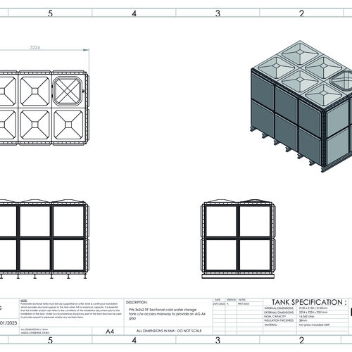 PW.3X2X2.TIF.AG - 14,560 LITRE SECTIONAL WATER TANK, TOTALLY INTERNALLY FLANGED (TIF)