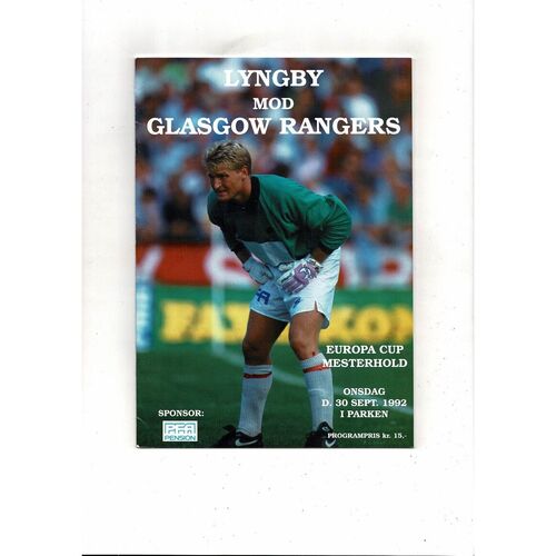 Lyngby Boldklub v Glasgow Rangers European Cup Football Programme 1992/93