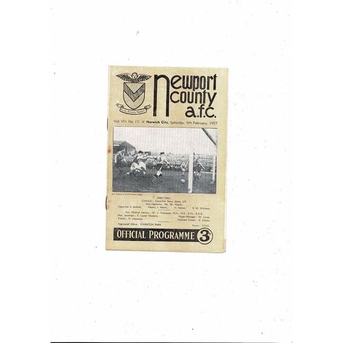 1956/57 Newport County v Norwich City Football Programme