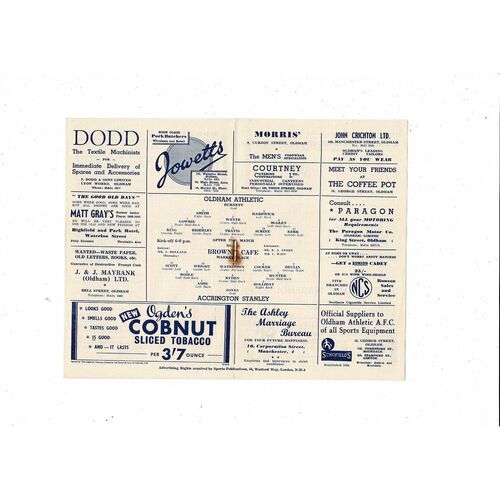 1954/55 Oldham Athletic v Accrington Stanley Football Programme