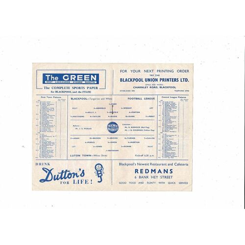 1957/58 Blackpool v Luton Town Football Programme