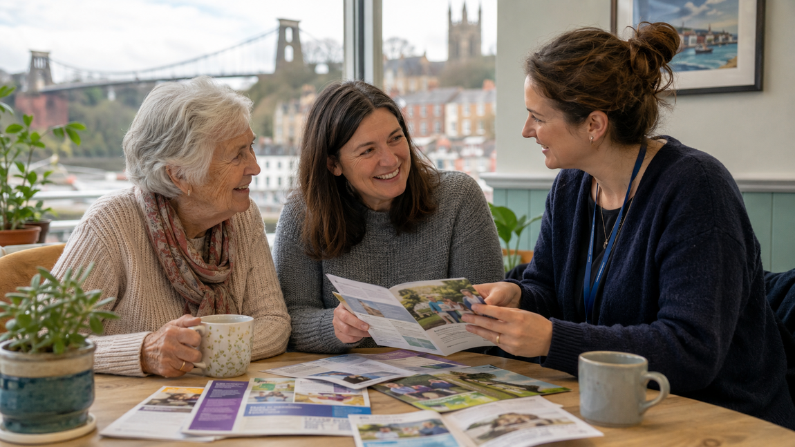 Older woman, family member and support worker looking through local support leaflets together, with Bristol landmarks visible through the window.
