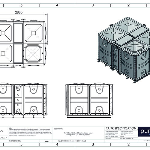 PW.2.5x2x1.5.IFB.AG - 7500 LITRE SECTIONAL WATER TANK, INTERNALLY FLANGED BASE (IFB)