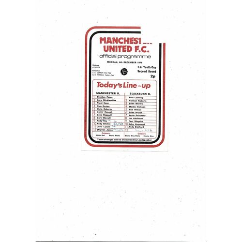 Manchester United v Blackburn Rovers FA Youth Cup Football Programme 1978/79