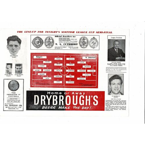 1961/62 Rangers v St. Johnstone Scottish League Cup Semi Final Programme