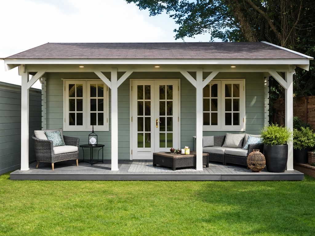 Elegant two-story timber house with a modern pitched roof and striking black and white design. The exterior features large triangular and rectangular windows framed in black, creating a contemporary and stylish look while maximizing natural light. A spacious covered veranda with black timber posts provides a comfortable outdoor seating area. The house is surrounded by a beautifully landscaped garden with lush greenery and decorative planters. Supplied by Lugarde and thoughtfully designed and installed by Forever Timber, this timber house seamlessly blends innovative design with exceptional craftsmanship for a luxurious and functional living space.