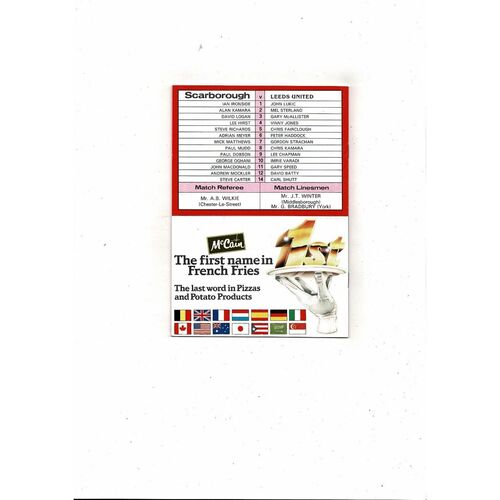 1990/91 Scarborough v Leeds United Yorkshire & Humberside Cup Football Programme