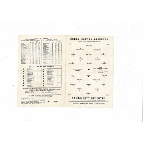Derby County v Stoke City Central League Football Programme 1967/68