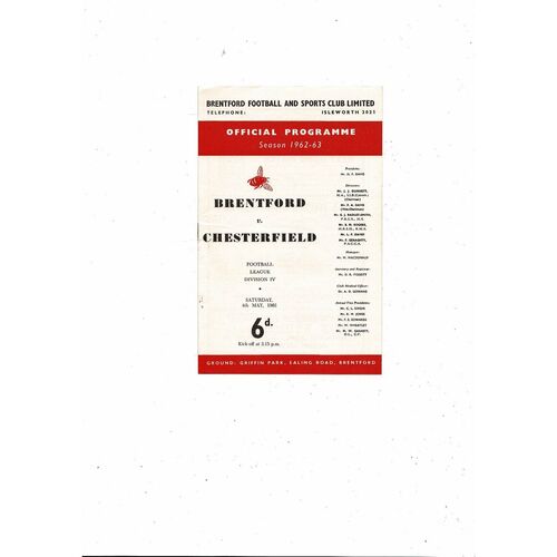 1962/63 Brentford v Chesterfield Football Programme