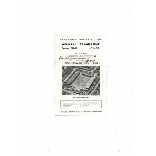 Brentford v Guildford City FA Cup Football Programme 1967/68 9th December - Match Abandonned