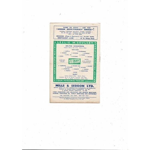 1959/60 Bolton Wanderers v Bury FA Cup Replay Football Programme