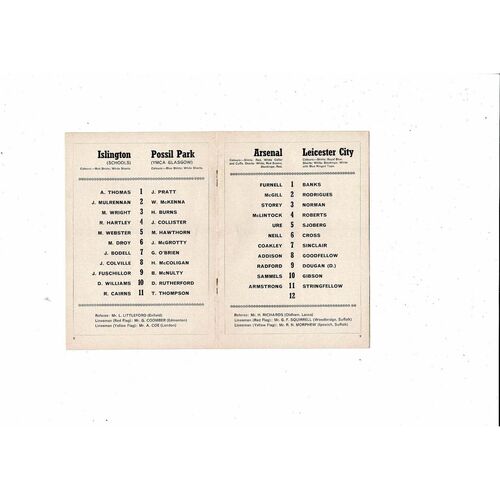 1966/67 Arsenal v Leicester City Football Programme + Islington v Possil Park