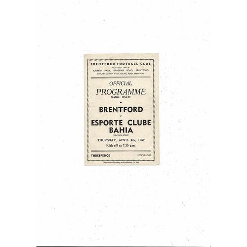 Brentford v Esporte Clube Bahia Friendly Football Programme 1956/57