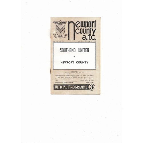 1958/59 Newport County v Southend United Football Programme