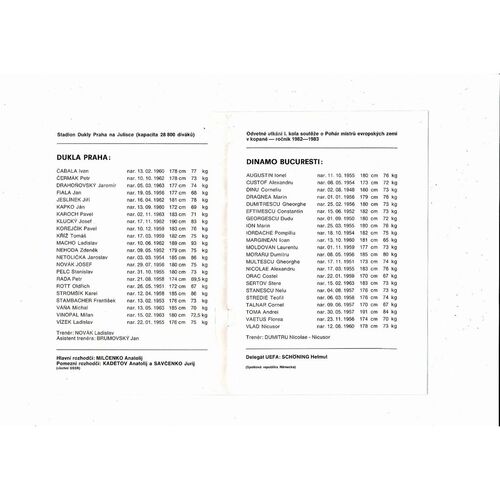 Dukla Prague v Dinamo Bucharest European Cup Football Programme 1982/83