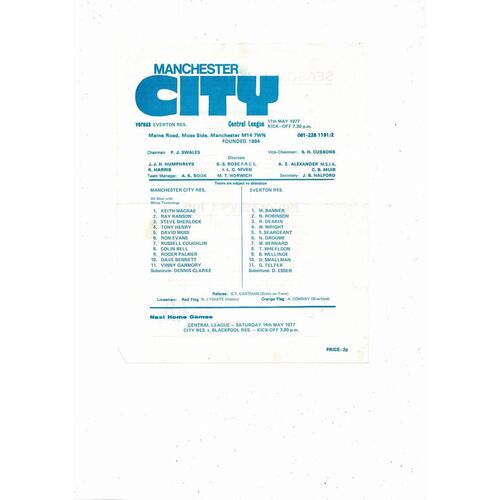 Manchester City v Everton Central League Football Programme 1976/77