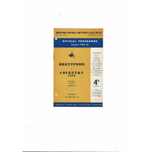 1960/61 Brentford v Coventry City Football Programme