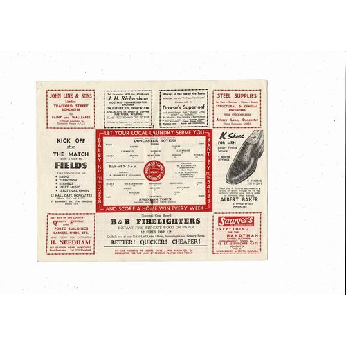 1958/59 Doncaster Rovers v Swindon Town Football Programme