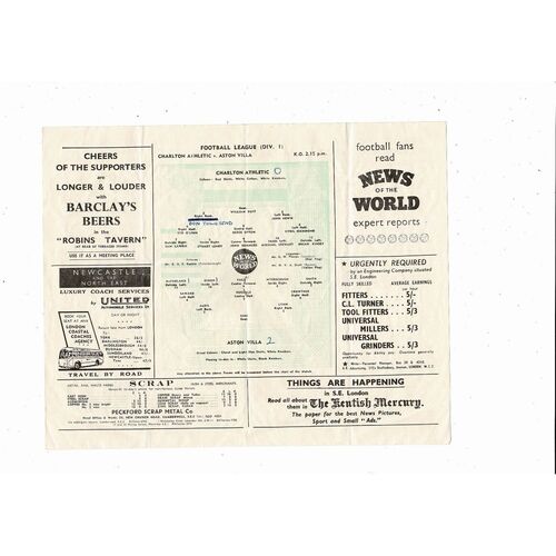 1956/57 Charlton Athletic v Aston Villa Football Programme