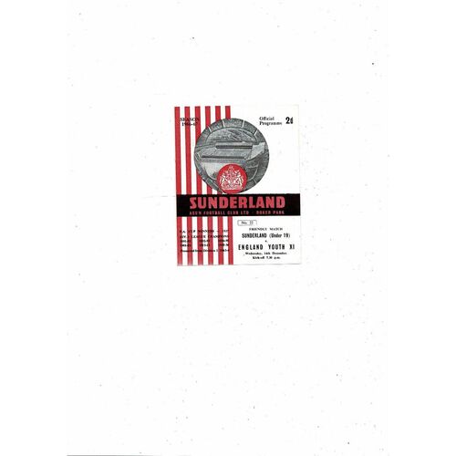 Sunderland U19 v England Youth X1 Friendly Football Programme 1966/67