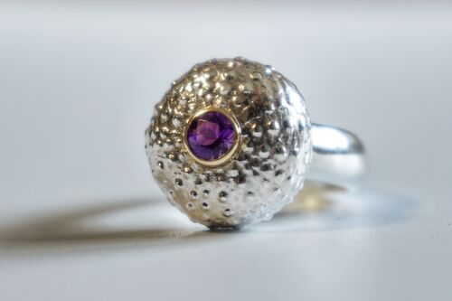 Sterling Silver Urchin Ring Set with Amethyst In 18K Gold Tube bezel