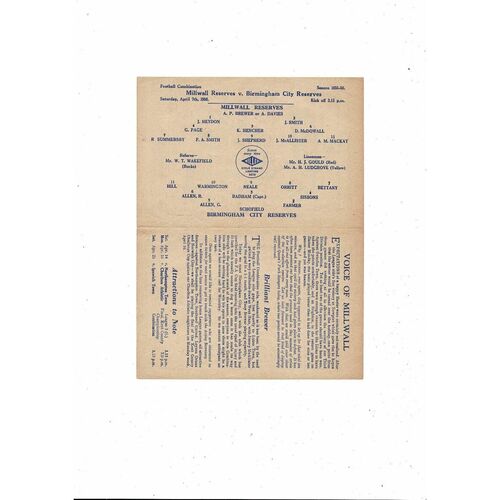 Millwall v Birmingham City Football Combination Programme 1955/56