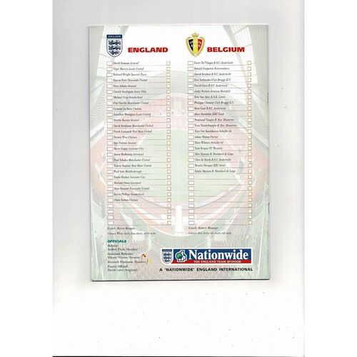 1999 England v Belgium Football Programme