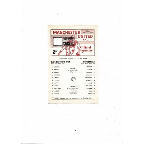 Manchester United v Netherfield Lancashire Senior Cup Football Programme 1968/69