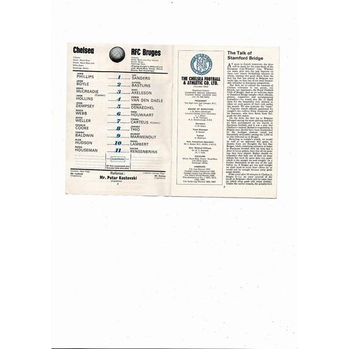 Chelsea v Bruges European Cup Winners Cup Football Programme 1970/71