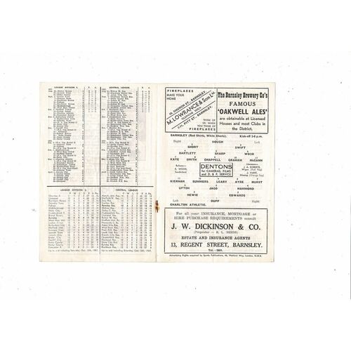 1957/58 Barnsley v Charlton Athletic Football Programme