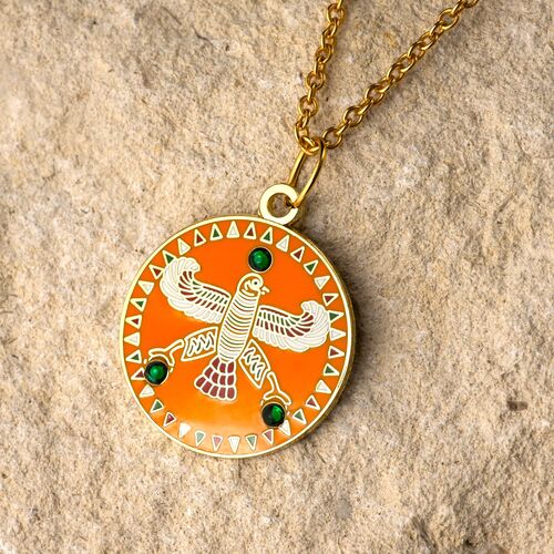 Round Pendant. The Persian Falcon. Deep Orange with 3 Green Stones.