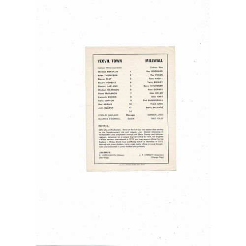 Yeovil Town v Millwall FA Cup 1st Round 2nd Replay Football Programme 1975/76 @ Aldershot