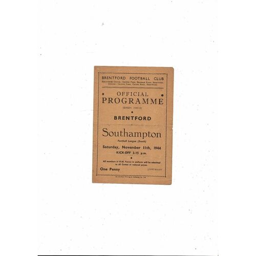 1944/45 Brentford v Southampton Football Programme