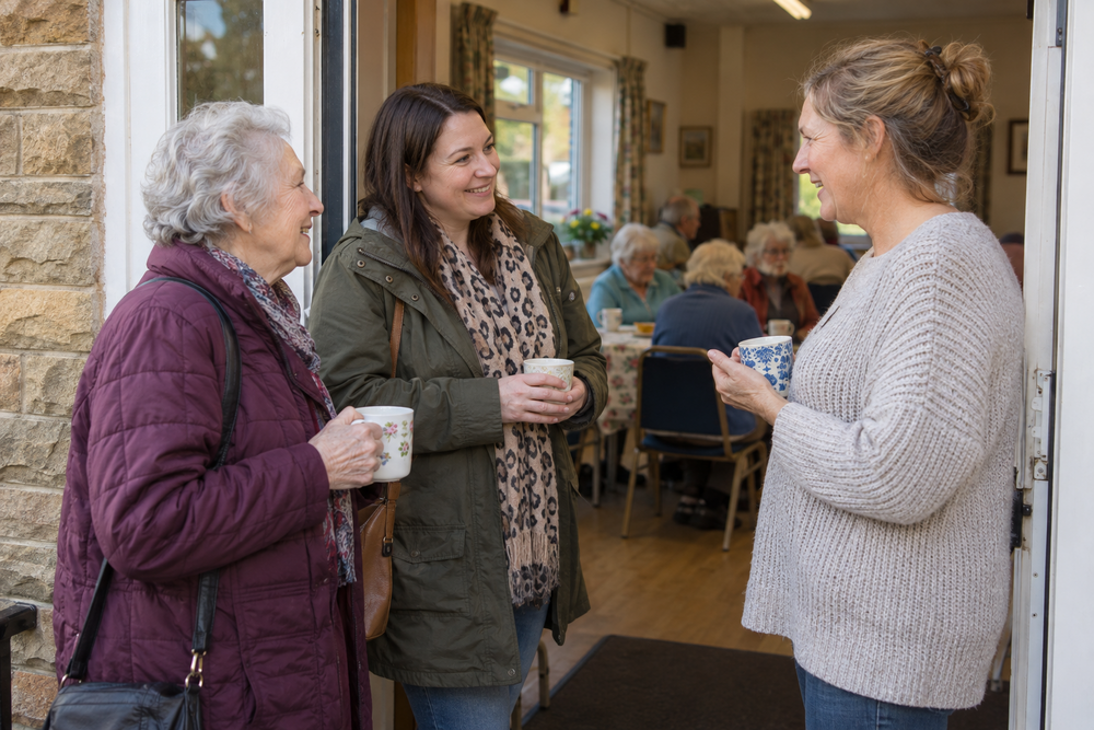 A mother and daughter meeting a day club coordinator over a cuppa.