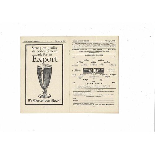 1961/62 Aston Villa v Blackburn Rovers Football Programme