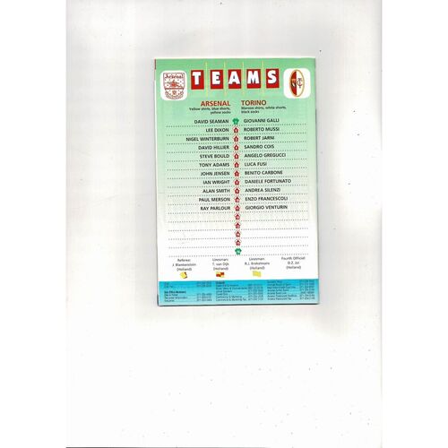Arsenal v Torino European Cup Winners Cup Football Programme 1993/94