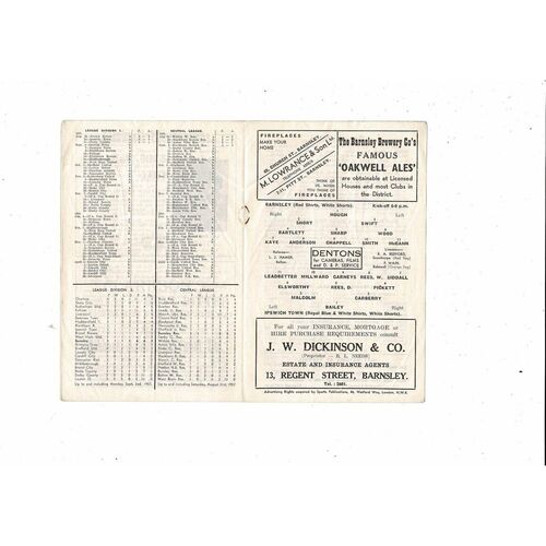 1957/58 Barnsley v Ipswich Town Football Programme