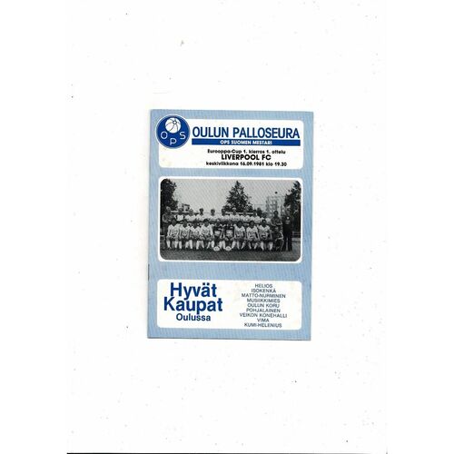 Oulun Palloseura v Liverpool European Cup Football Programme 1981/82