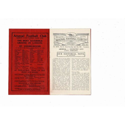1938/39 Arsenal v Coventry City London Combination Football Programme