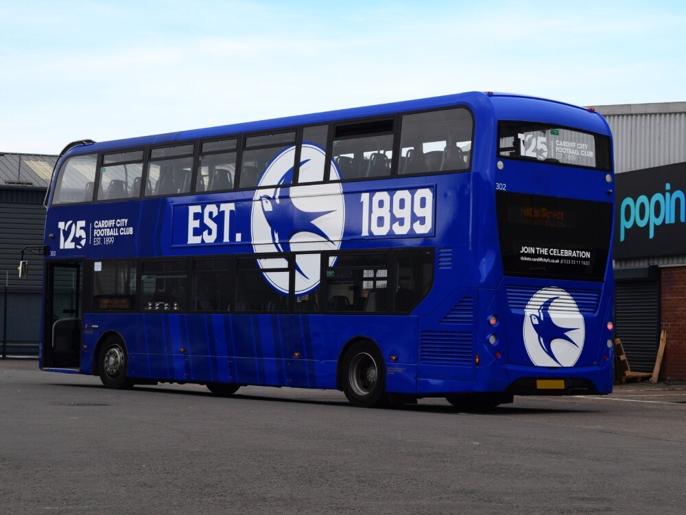 Cardiff City FC branded bus with full vehicle coach wrap.