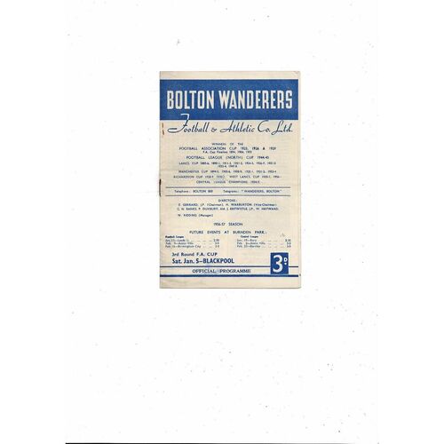 1956/57 Bolton Wanderers v Blackpool FA Cup Football Programme